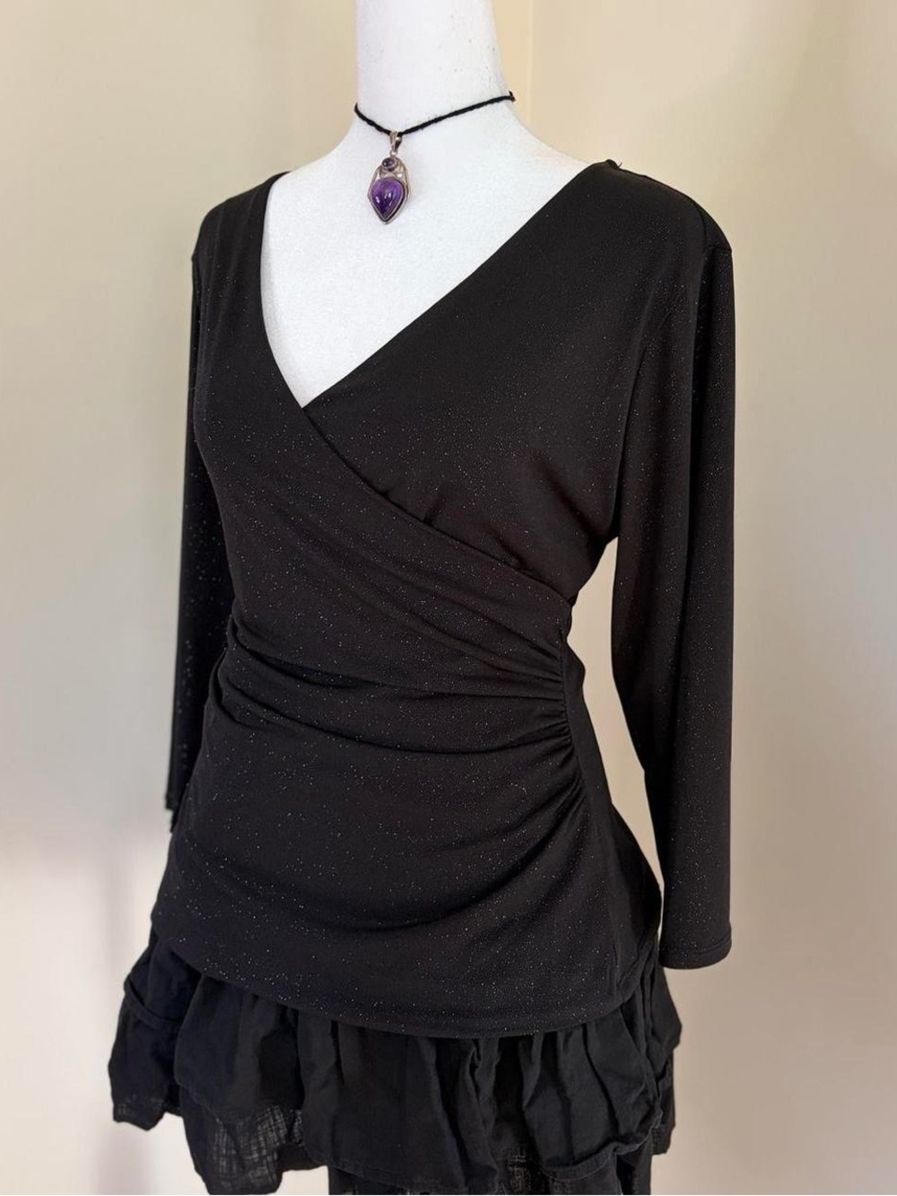 Vintage 90s Y2K black sparkle glitter wrap top whimsygoth glam vamp witch goth M